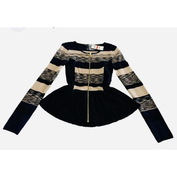 Women’s Inc International Zip Sweater Striped peplum Long Navy Black medium - Picture 2 of 7